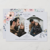 ほこりっぽい青とバラの幾何学的フローラ | 2枚の写真 セーブザデート (正面/裏面)