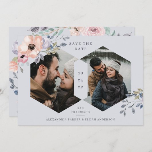 ほこりっぽい青とバラの幾何学的フローラ | 2枚の写真 セーブザデート (正面/裏面)