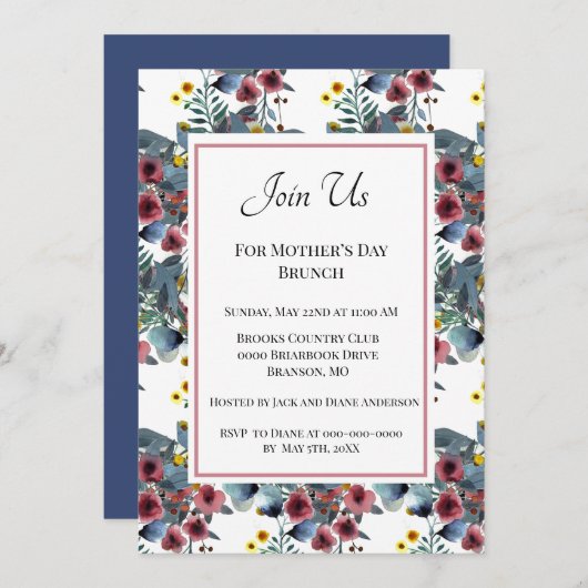 ほこりっぽい青とバラの花母の日ブランチ 招待状 (正面/裏面)