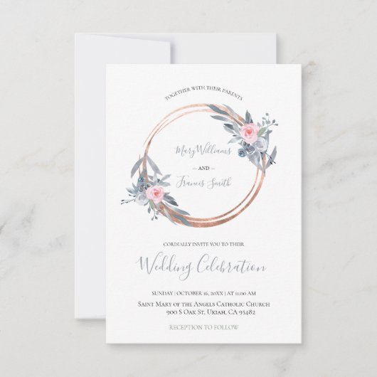 ほこりっぽい青とバラピンクの円の枠 招待状 (正面)