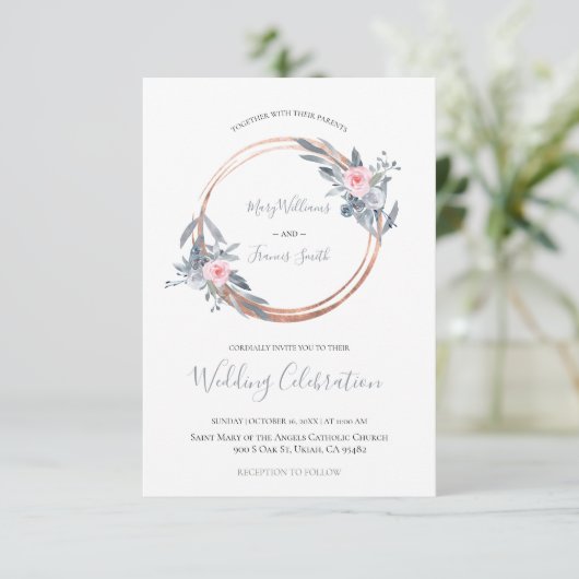 ほこりっぽい青とバラピンクの円の枠 招待状 (スタンド正面)