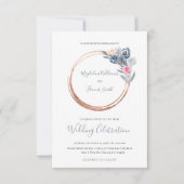 ほこりっぽい青とバラピンクの円結婚枠の 招待状 (正面)