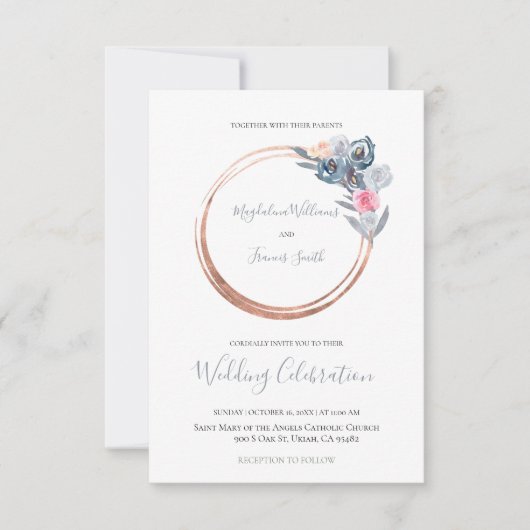 ほこりっぽい青とバラピンクの円結婚枠の 招待状 (正面)