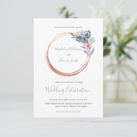 ほこりっぽい青とバラピンクの円結婚枠の 招待状 (スタンド正面)