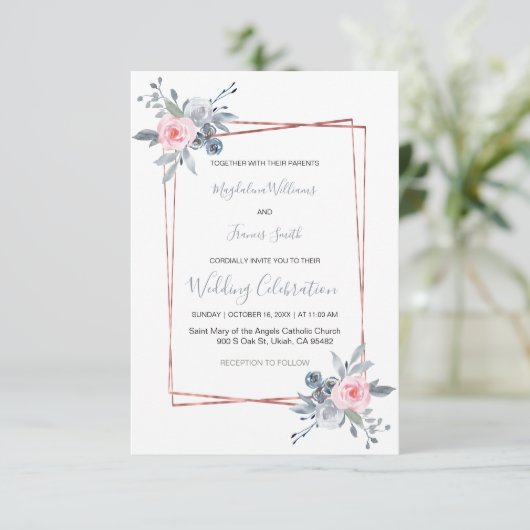 ほこりっぽい青とバラ結婚ピンク 招待状 (スタンド正面)