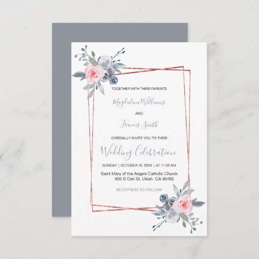 ほこりっぽい青とバラ結婚ピンク 招待状 (正面/裏面)