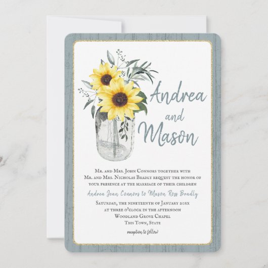 ほこりっぽい青とヒマワリ素朴の結婚瓶 招待状 (正面)