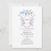 ほこりっぽい青とピンクのクレストブリデスメイドランチョン 招待状 (正面)