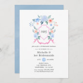 ほこりっぽい青とピンクのクレストブリデスメイドランチョン 招待状 (正面/裏面)