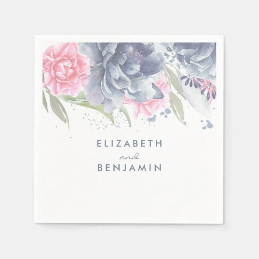 ほこりっぽい青とピンクのフローラ水色 スタンダードカクテルナプキン (正面)