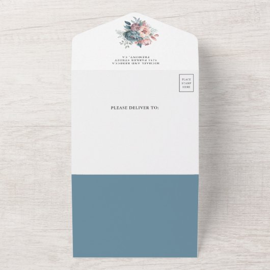 ほこりっぽい青とピンクのフローラQRコード結婚s オールインワン招待状 (外側)