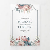 ほこりっぽい青とピンクのフローラQRコード結婚s 三つ折り招待状 (カバー)