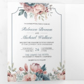 ほこりっぽい青とピンクのフローラQRコード結婚s 三つ折り招待状 (内部最初)