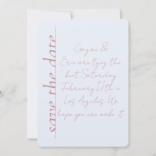 ほこりっぽい青とピンクのラブノート日付を保存 招待状 (正面)