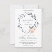 ほこりっぽい青とピンクの水色フローラリース 招待状 (正面)