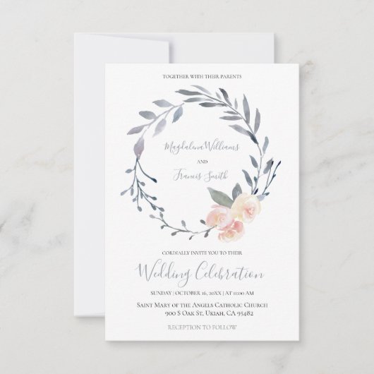 ほこりっぽい青とピンクの水色フローラリース 招待状 (正面)