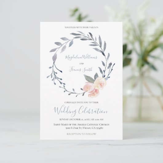 ほこりっぽい青とピンクの水色フローラリース 招待状 (スタンド正面)