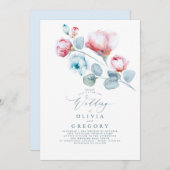 ほこりっぽい青とピンクの花エレガントな結婚式 招待状 (正面/裏面)
