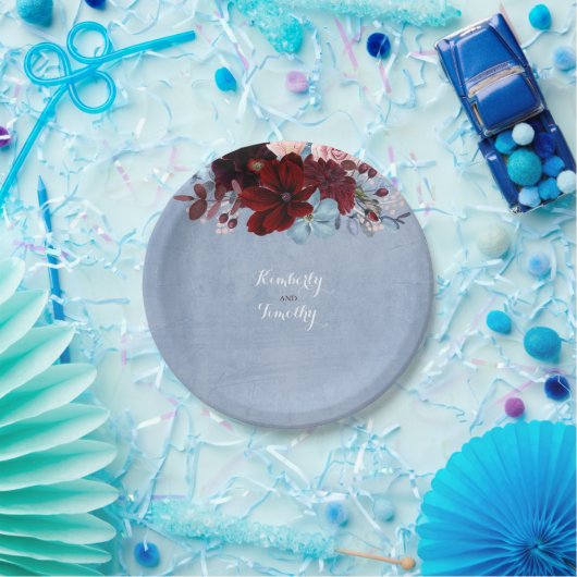 ほこりっぽい青とブルゴーニュのフローラ水色 ペーパープレート (パーティー)