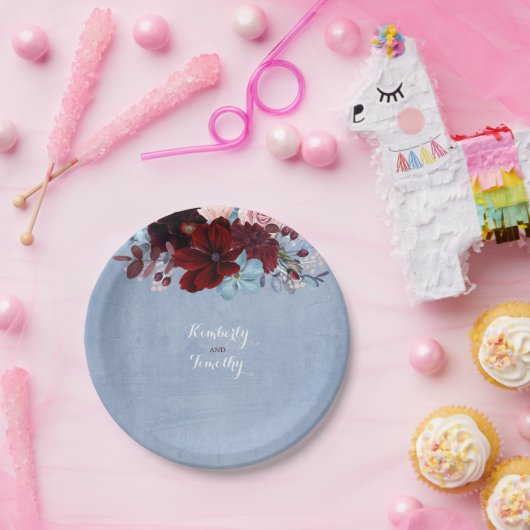 ほこりっぽい青とブルゴーニュのフローラ水色 ペーパープレート (パーティー)