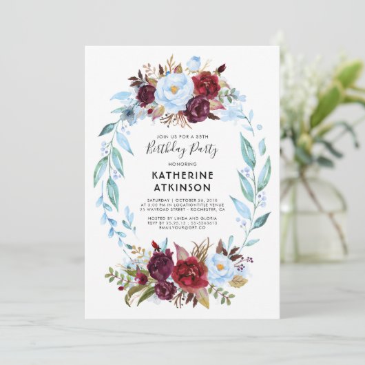 ほこりっぽい青とブルゴーニュ赤の花の誕生日 招待状 (スタンド正面)