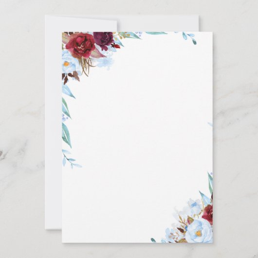 ほこりっぽい青とブルゴーニュ赤の花の誕生日 招待状 (裏面)