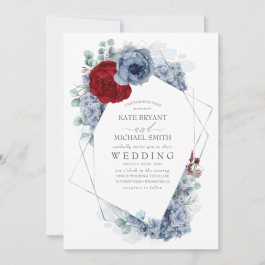 ほこりっぽい青とブルゴーニュ赤フローラエレガントな結婚式 招待状 (正面)