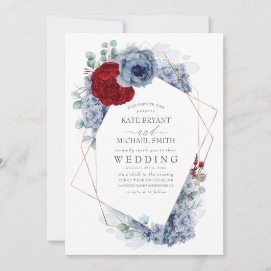 ほこりっぽい青とブルゴーニュ赤フローラエレガントな結婚式 招待状 (正面)