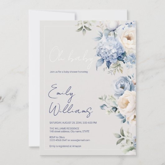 ほこりっぽい青とベージュの赤ちゃんシャワーの招待状 招待状 (正面)