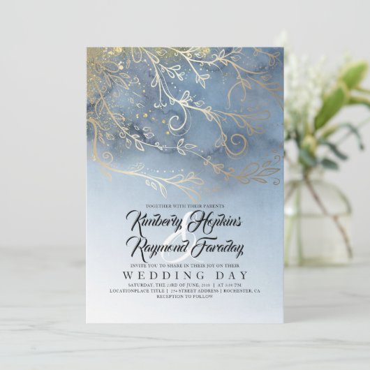 ほこりっぽい青とモダン金ゴールドの結婚色 招待状 (スタンド正面)