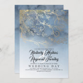 ほこりっぽい青とモダン金ゴールドの結婚色 招待状 (正面/裏面)