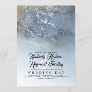 ほこりっぽい青とモダン金ゴールドの結婚色 招待状