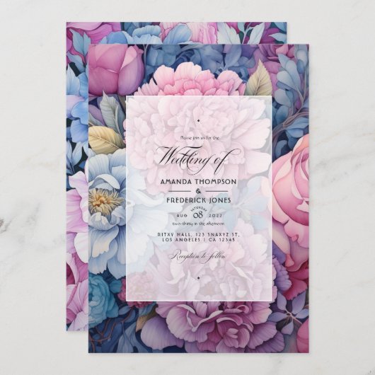 ほこりっぽい青と埃っぽいバラ結婚フローラ 招待状 (正面/裏面)