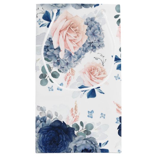 ほこりっぽい青と柔らかい淡いピンクの花エレガント スモールペーパーバッグ (裏面)