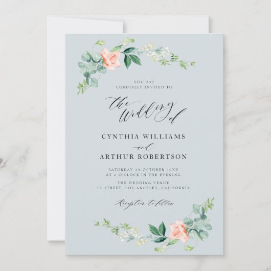 ほこりっぽい青と桃のフローラ結婚式招待状 招待状 (正面)