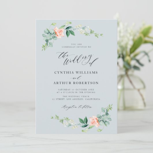 ほこりっぽい青と桃のフローラ結婚式招待状 招待状 (スタンド正面)