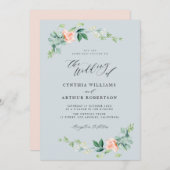 ほこりっぽい青と桃のフローラ結婚式招待状 招待状 (正面/裏面)