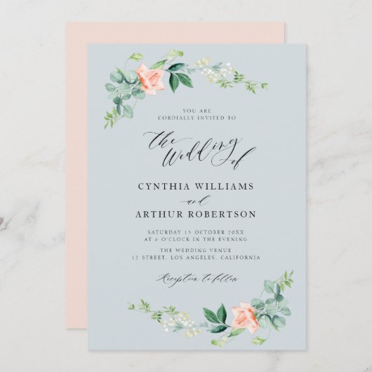ほこりっぽい青と桃のフローラ結婚式招待状 招待状 (正面/裏面)