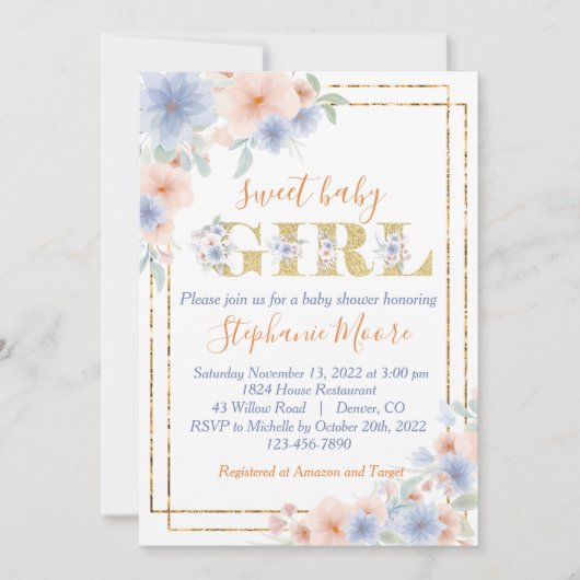 ほこりっぽい青と桃のフローラ赤ちゃんシャワー 招待状 (正面)