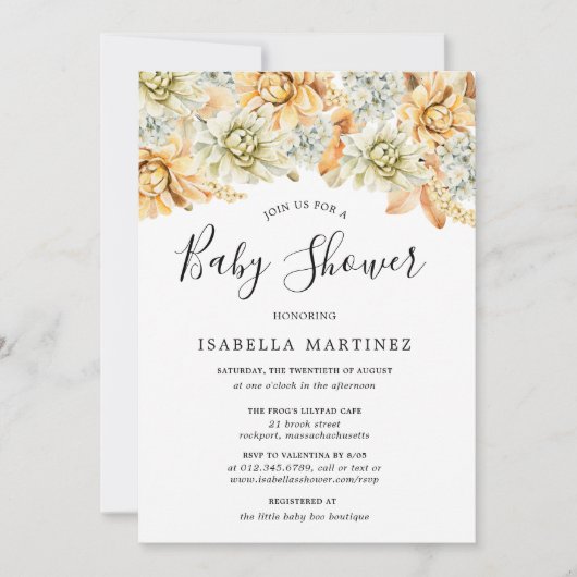 ほこりっぽい青と桃の秋フローラベビーシャワー 招待状 (正面)