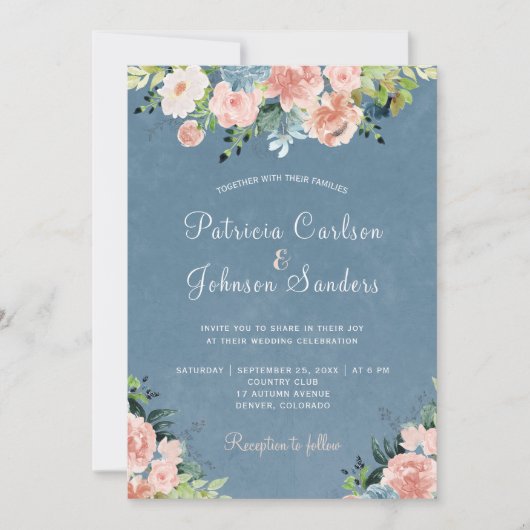 ほこりっぽい青と桃の赤面素朴なフローラ 招待状 (正面)