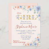 ほこりっぽい青と桃(Ver.2)フローラ赤ちゃんシャワー 招待状 (正面/裏面)