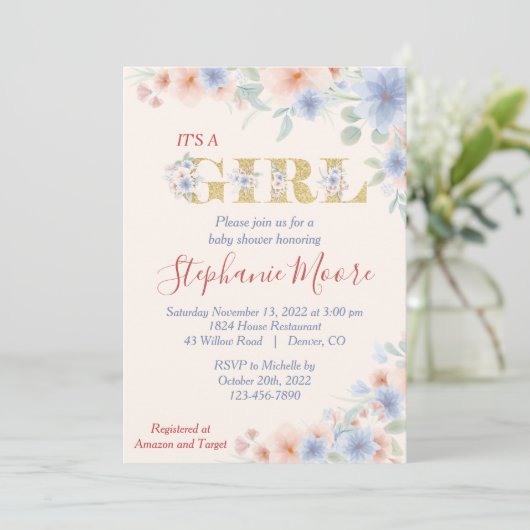 ほこりっぽい青と桃(Ver.2)フローラ赤ちゃんシャワー 招待状 (スタンド正面)