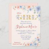 ほこりっぽい青と桃(Ver.2)フローラ赤ちゃんシャワー 招待状 (正面/裏面)