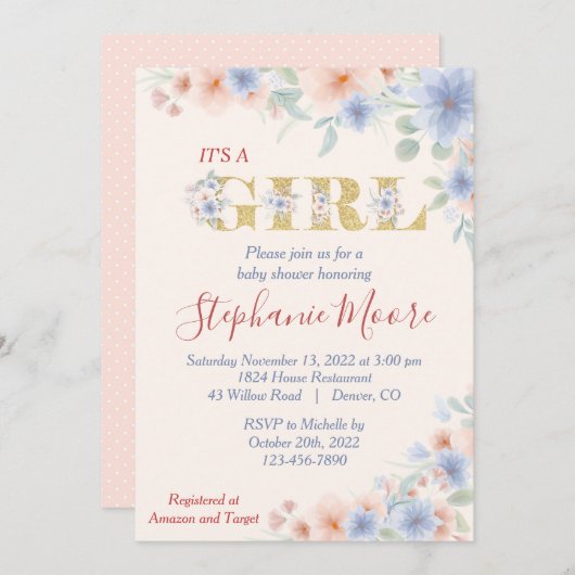 ほこりっぽい青と桃(Ver.2)フローラ赤ちゃんシャワー 招待状 (正面/裏面)
