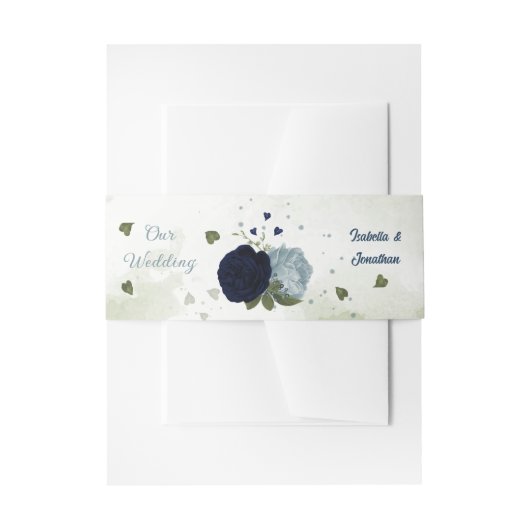 ほこりっぽい青と海軍のフローラの緑結婚色 招待状ベリーバンド (正面例)