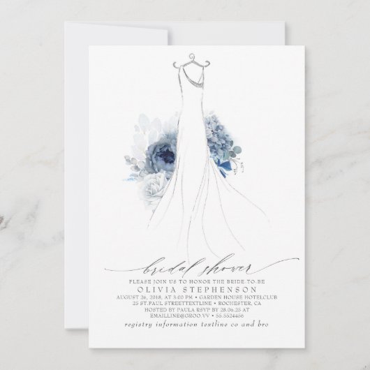 ほこりっぽい青と海軍の花のドレスブライダルシャワー 招待状 (正面)