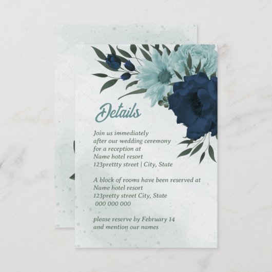 ほこりっぽい青と海軍の花ボタニカル結婚ズ エンクロージャーカード (正面/裏面)