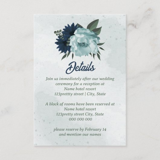 ほこりっぽい青と海軍の花ボタニカル結婚ズ エンクロージャーカード (正面)