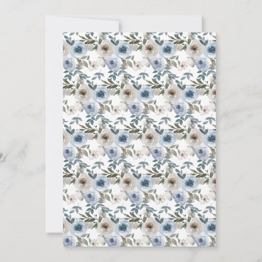 ほこりっぽい青と灰色のフローラボタニカル結婚ズ セーブザデート (裏面)